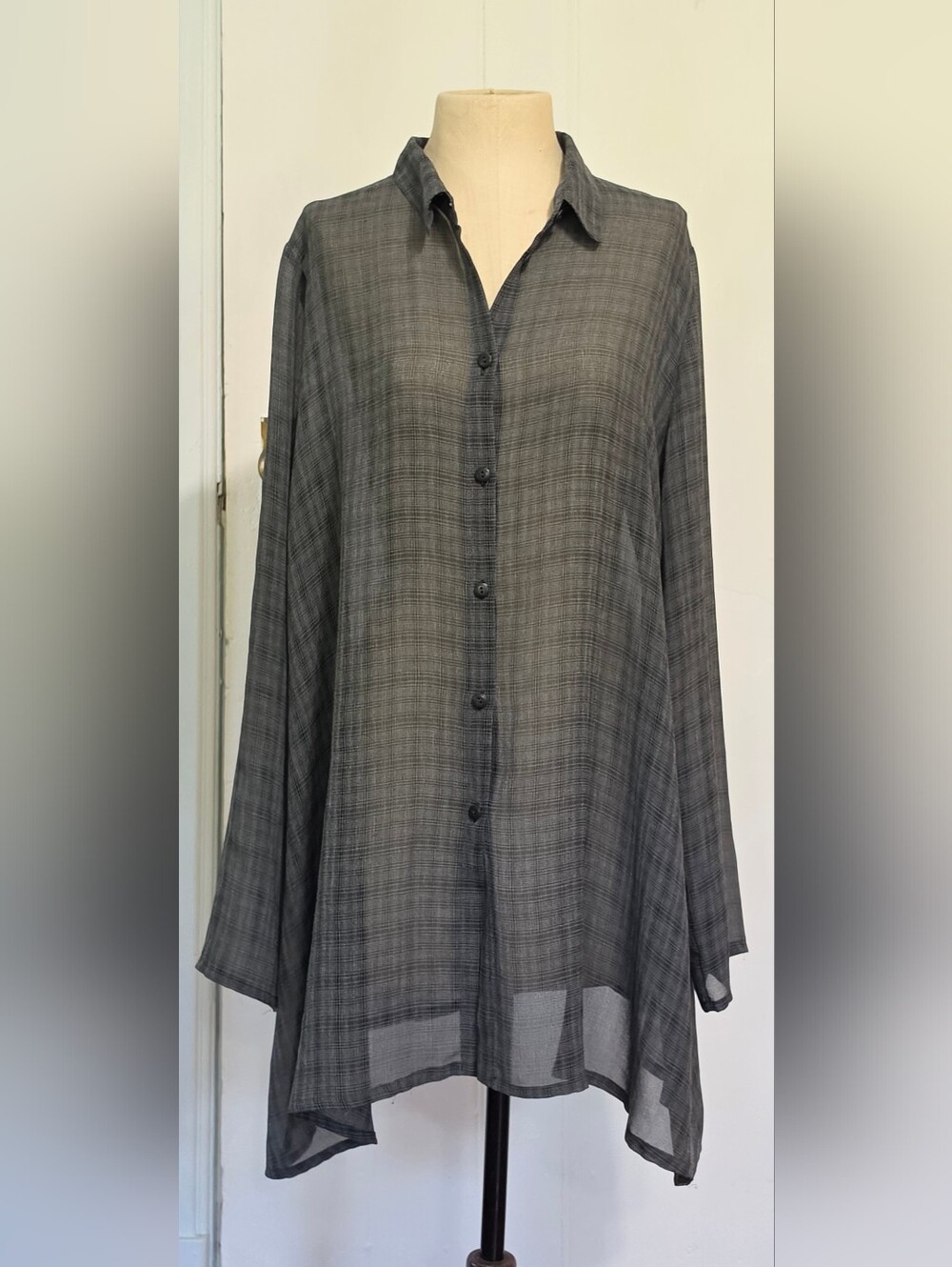 Lilith Sheer Gray And Black Striped Button-Front Tunic Shirt